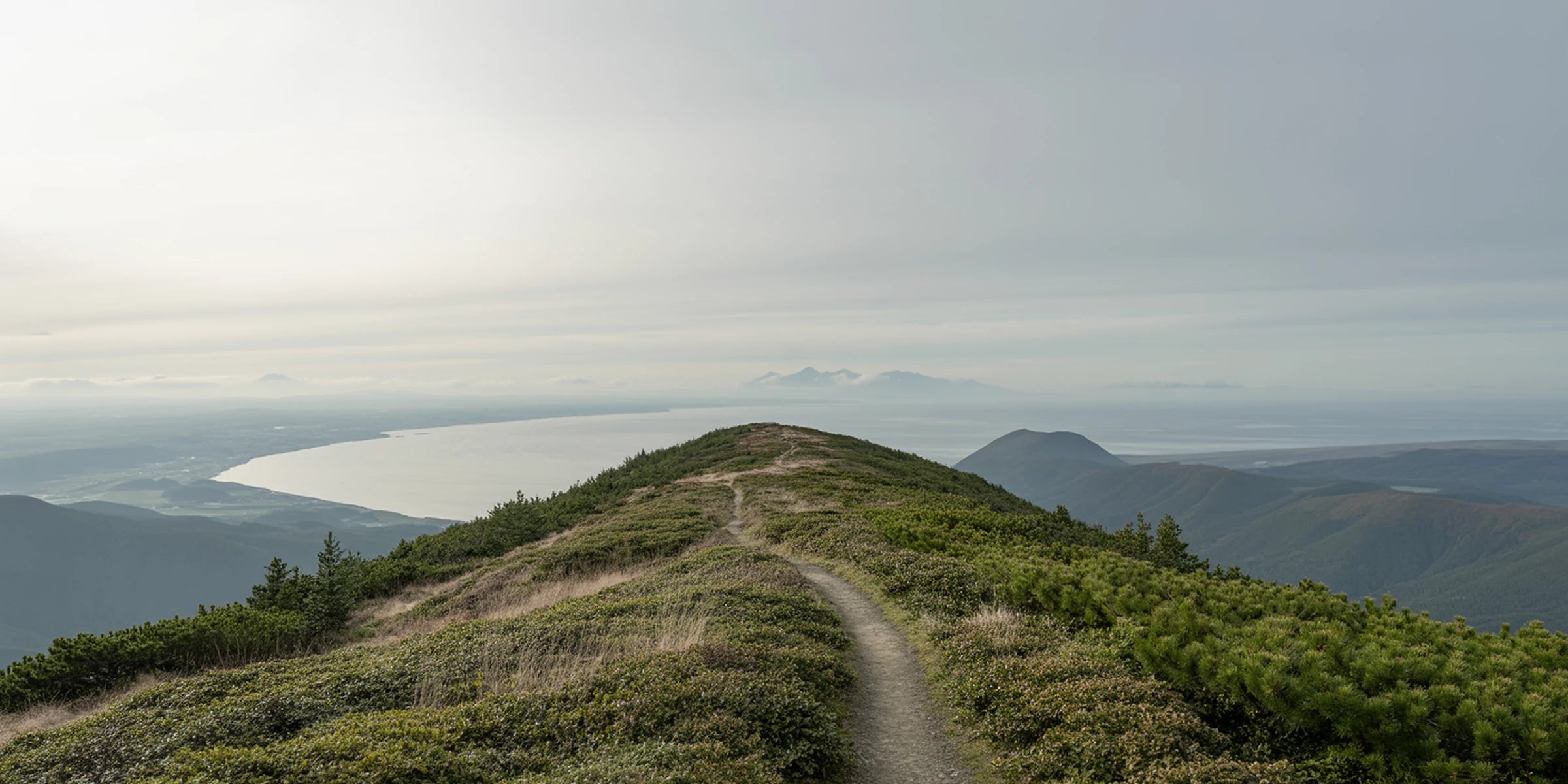 知床の稜線。ハイマツの間を踏み跡が続き、遠くに海と山並みが見える